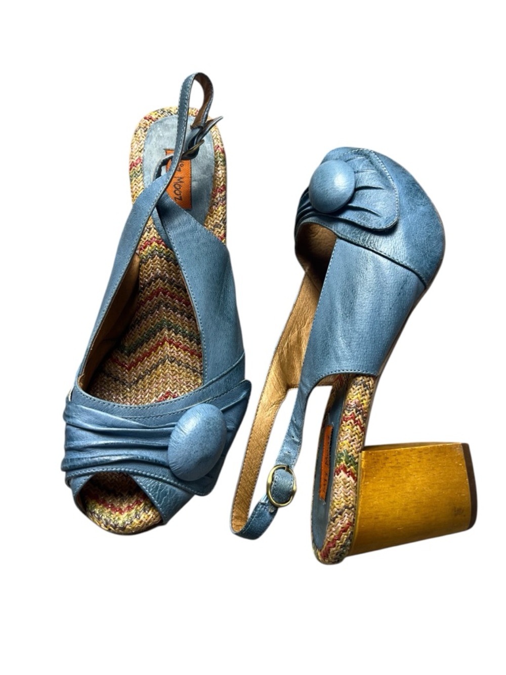 Miz Mooz Violin Women's Leather Pumps Chunky Wood Heel Retro Sky Blue Size 8.5